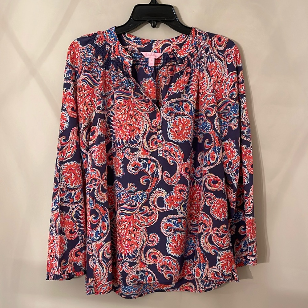 Lilly Pulitzer Elsa Silk Blouse Top For the Halibut Paisley Navy Red Size Medium